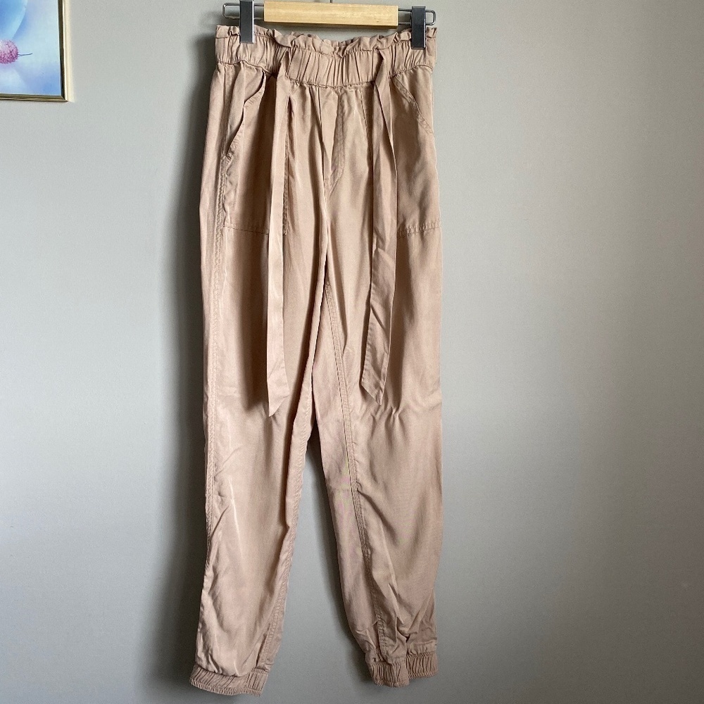 Garage 100% Tencel Light Tan Elastic High Waist Paper Bag Jogger Pants XS